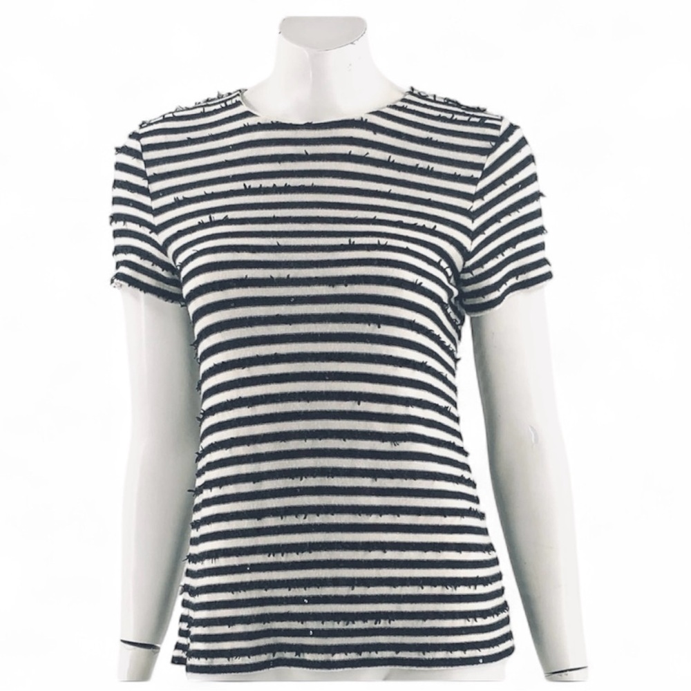 Talbots Black and White Striped, Textured Short Sleeve Top, Sequins, Sz Med, EUC